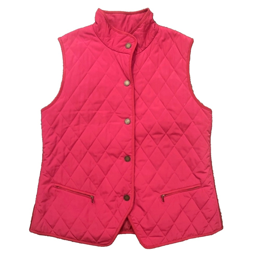 TALBOTS Hot Pink Quilted Vest SNAP-UP w/ZIP POCKETS Sweater Knit Sides SP S PET